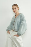 Load image into Gallery viewer, Aspen - Denim Embroidered Volume Sleeve Blouse