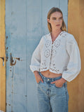 Load image into Gallery viewer, Aspen - Denim Embroidered Volume Sleeve Blouse