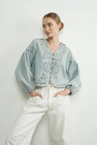 Load image into Gallery viewer, Aspen - Denim Embroidered Volume Sleeve Blouse