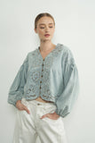 Load image into Gallery viewer, Aspen - Denim Embroidered Volume Sleeve Blouse